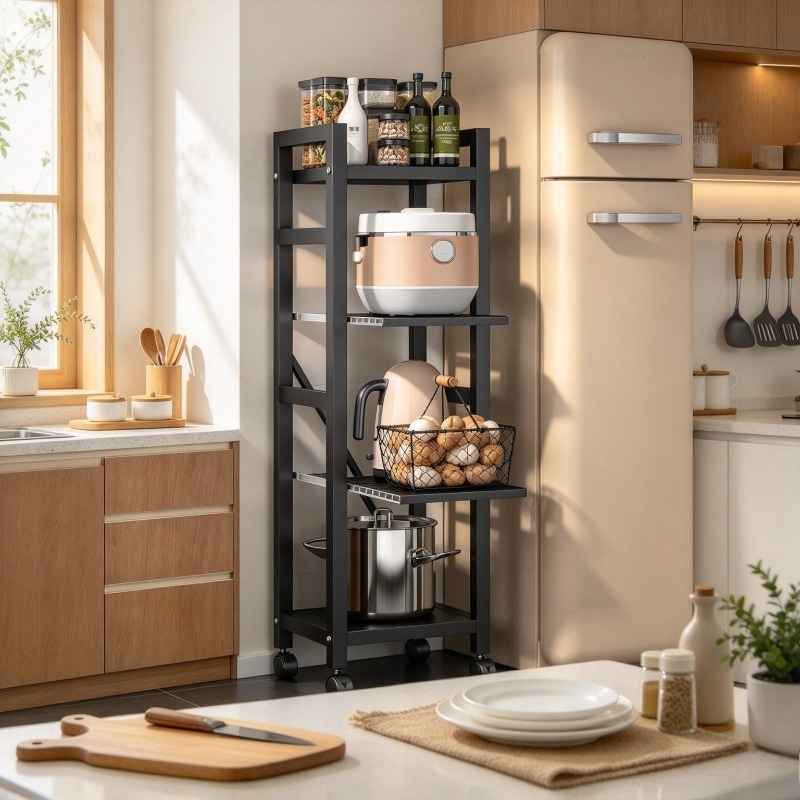 Kitchen Baking Cart - ชั้นวางของในครัวแบบดึงออกได้, ชั้นวางหม้อตั้งพื้น, ที่จัดระเบียบช่องว่างแบบหลายชั้น, ที่เก็บอุปกรณ์ทำขนม, ชั้นวางเหล็กปรับระดับได้สำหรับงานหนัก